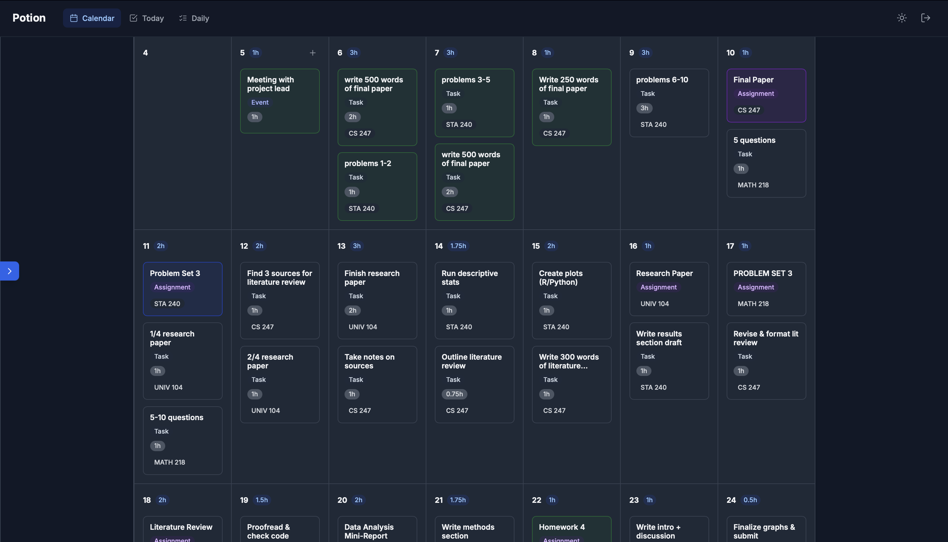 Potion app interface showing calendar and task list